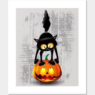 Cat Fun Halloween Character Cartoon scratching a Halloween Pumpkin Posters and Art